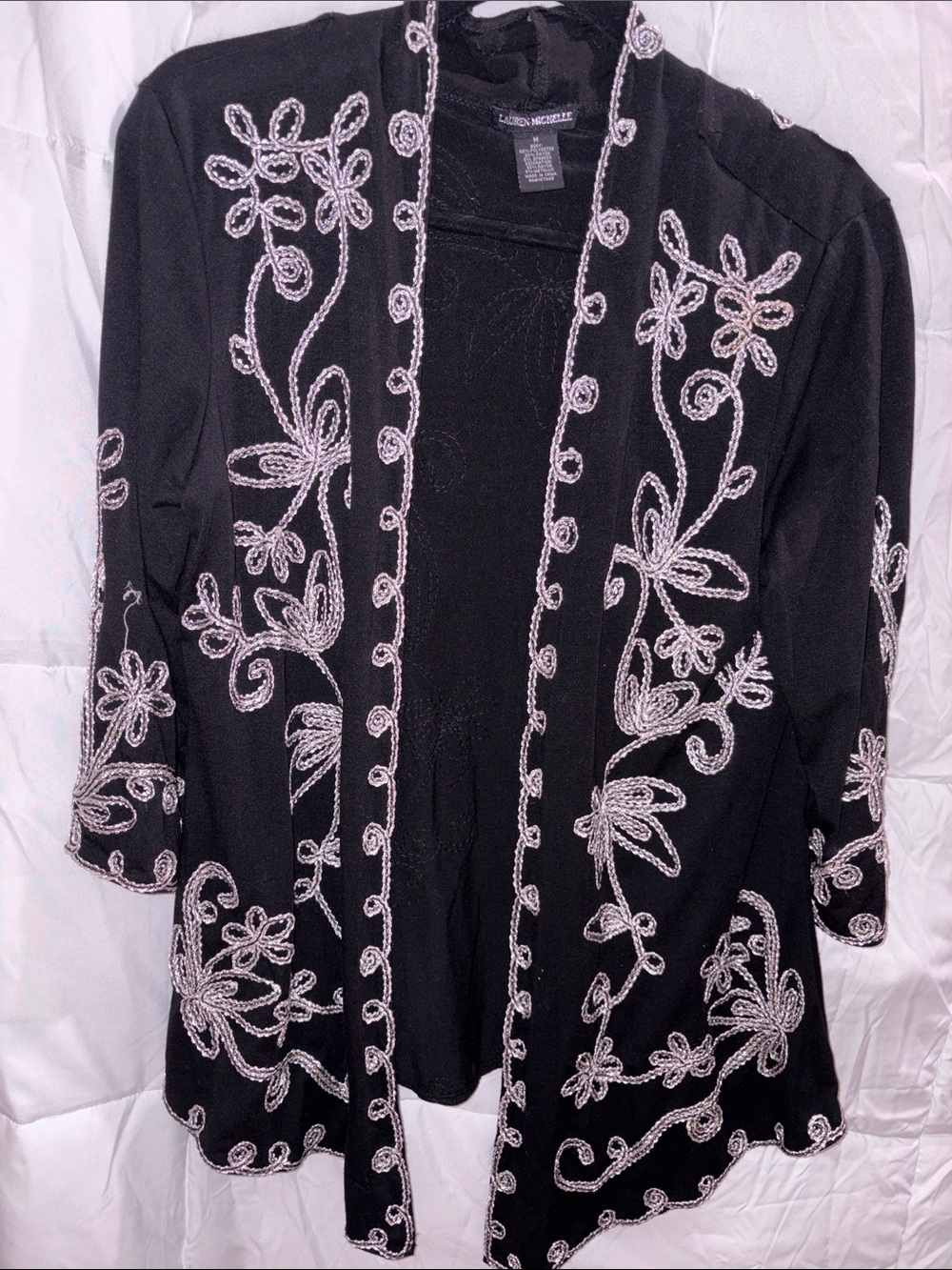 Lauren Michelle Black and Metallic Silver Embroidered Open Front Cardigan